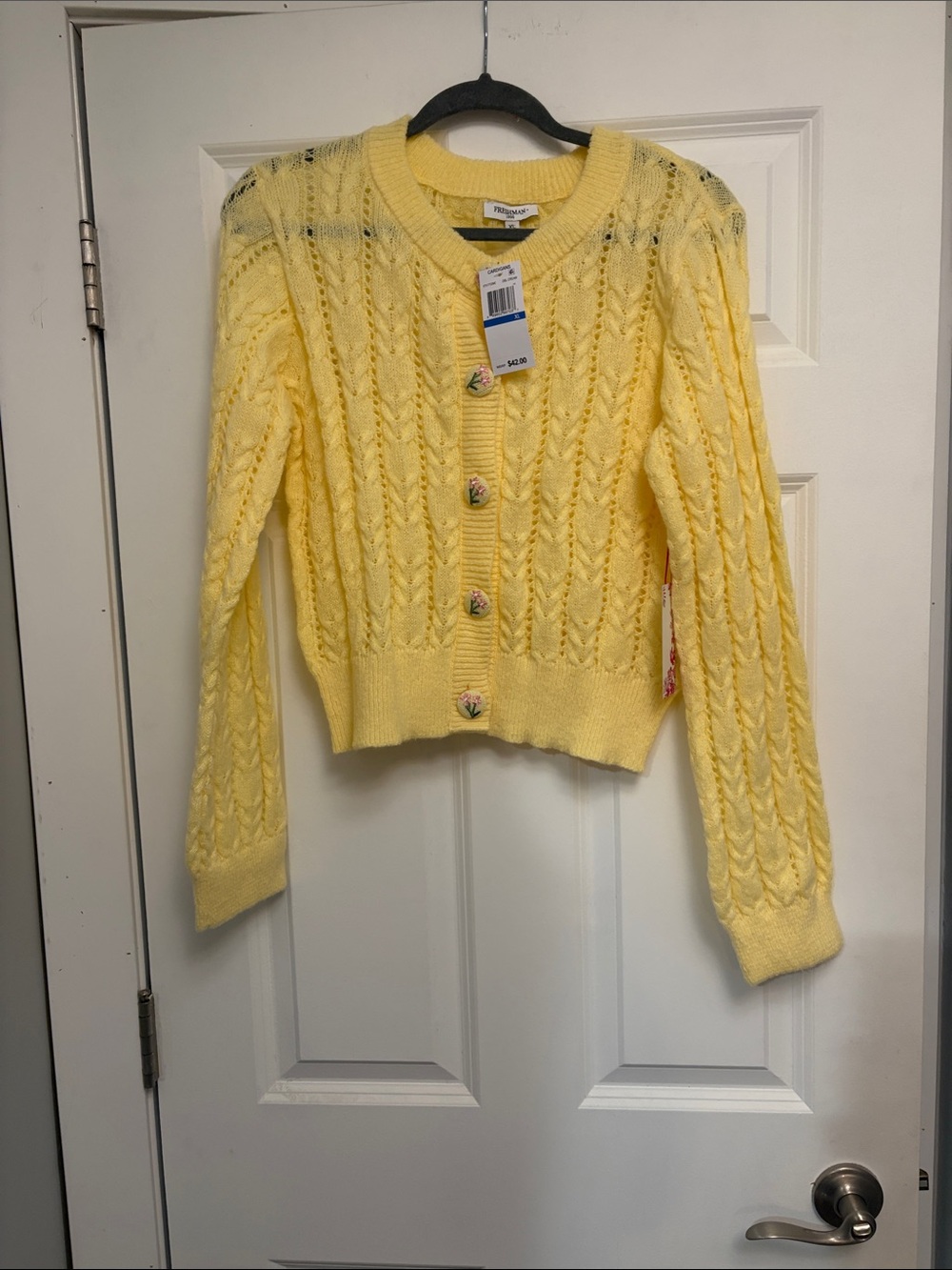 Pale Yellow Cable Knit Button-Front Cardigan